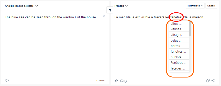 propositions de synonyme de DeepL