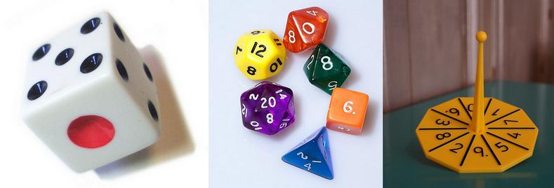 divers types de dés : un D6, plusieurs D10 et un dé toupie